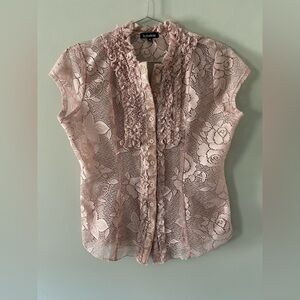 Le Chateau Pink lace Ruffled Bib Collar Blouse floral flower rose sheer pretty